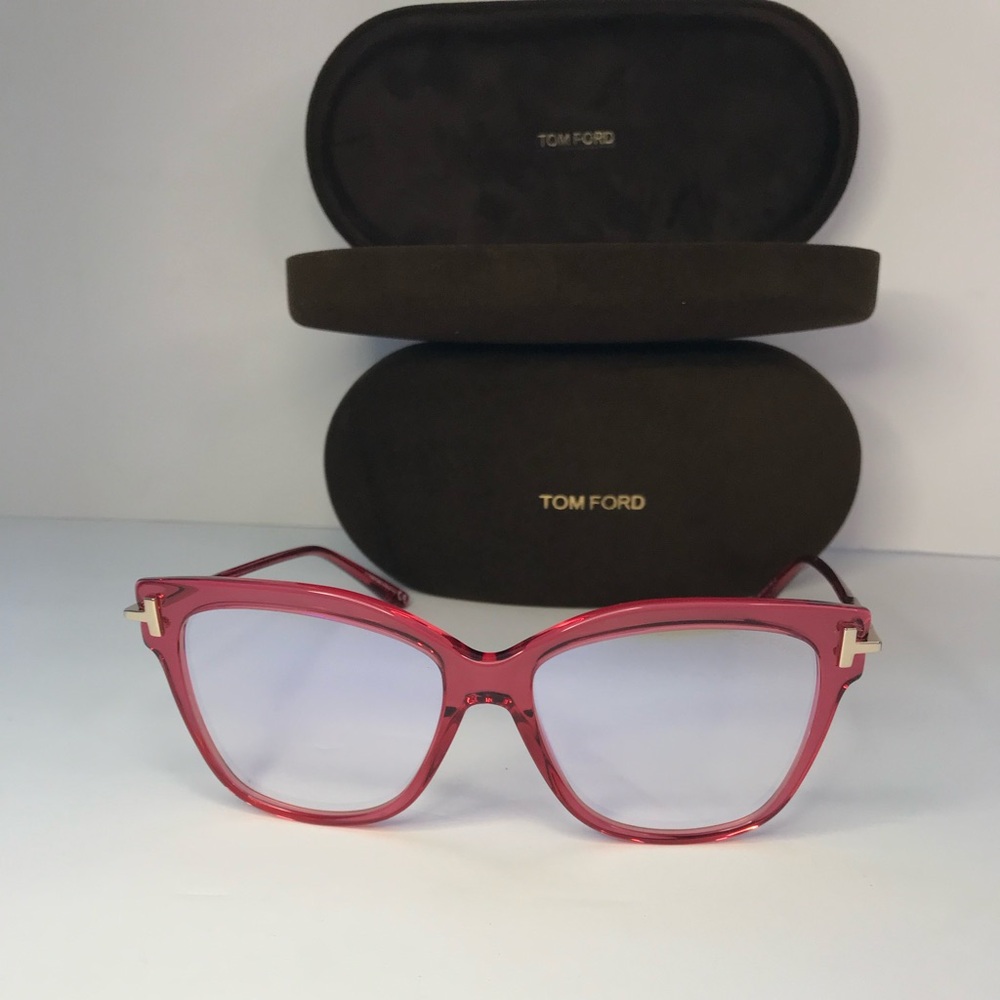 New Authentic Tom Ford FT5704-B 066 Transparent Raspberry/ Blue Block Eyeglasses - Picture 5 of 10